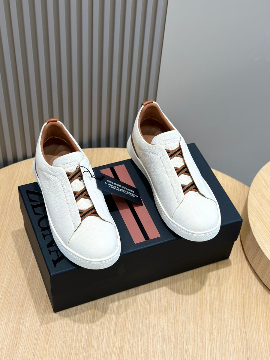 Tênis Zegna Triple Stitch Branco Detalhe Marrom