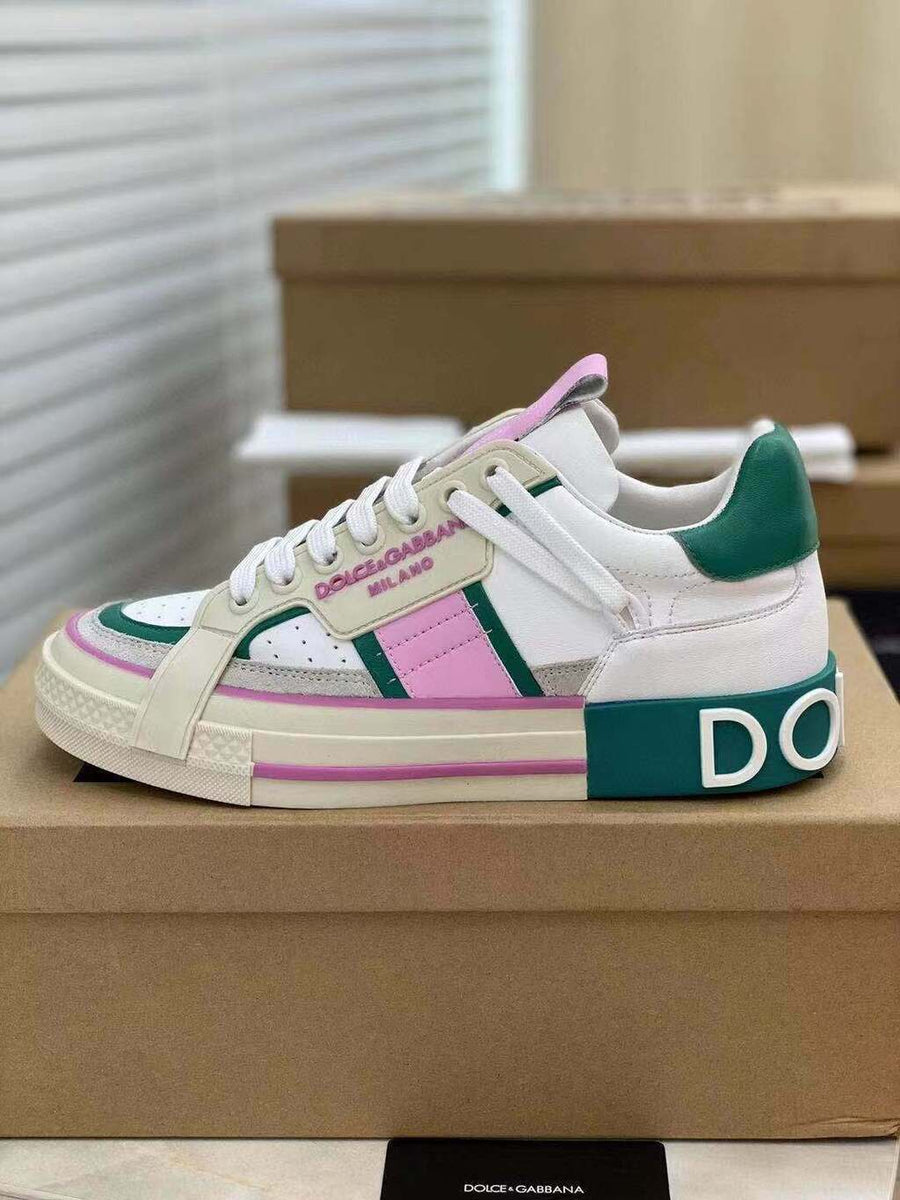 Tênis Couro Branco Detalhe Rosa e Verde