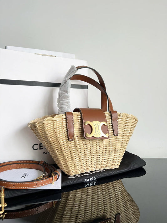 Bolsa Cesta Palha e Couro Natural Alças Marrom