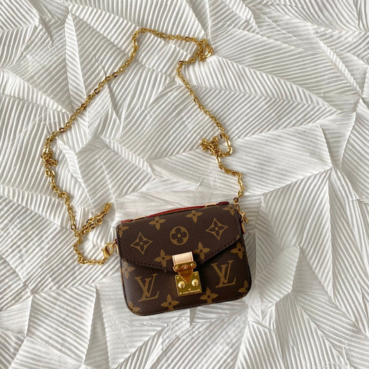 Bolsa Satchel Lona Padrão Monograma Geométrico Marrom Pequena