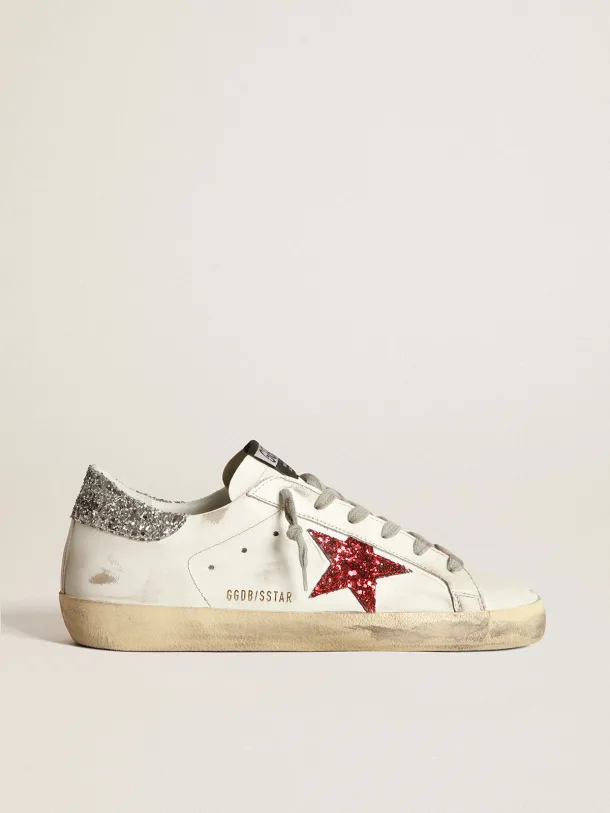 Tênis Couro Branco Estrela Glitter Vermelho
