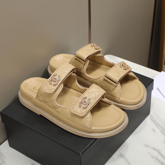 CHANEL Grained Calfskin Beige Sandals