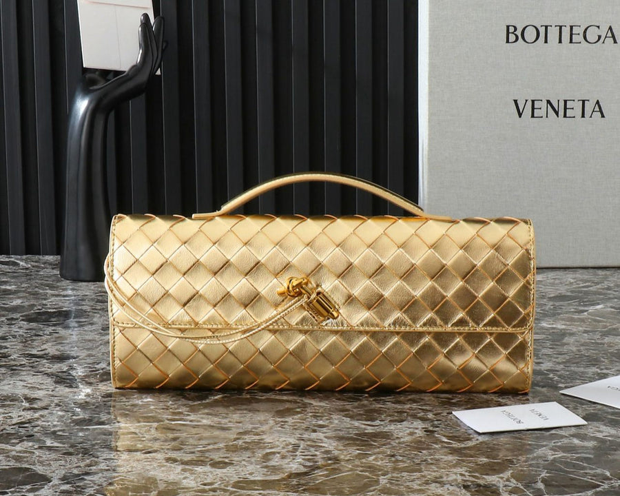 Bolsa Clutch Couro Dourada Textura Entrelaçada