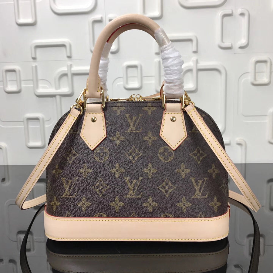 Bolsa Satchel Couro Padrão Monograma Geométrico Marrom Pequena