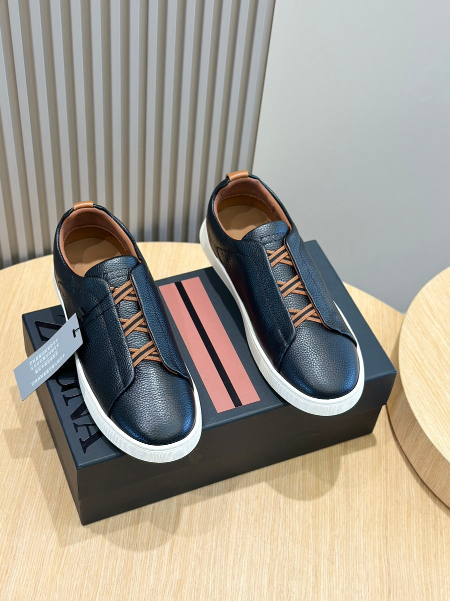 Tênis Zegna Triple Stitch Preto Detalhe Marrom