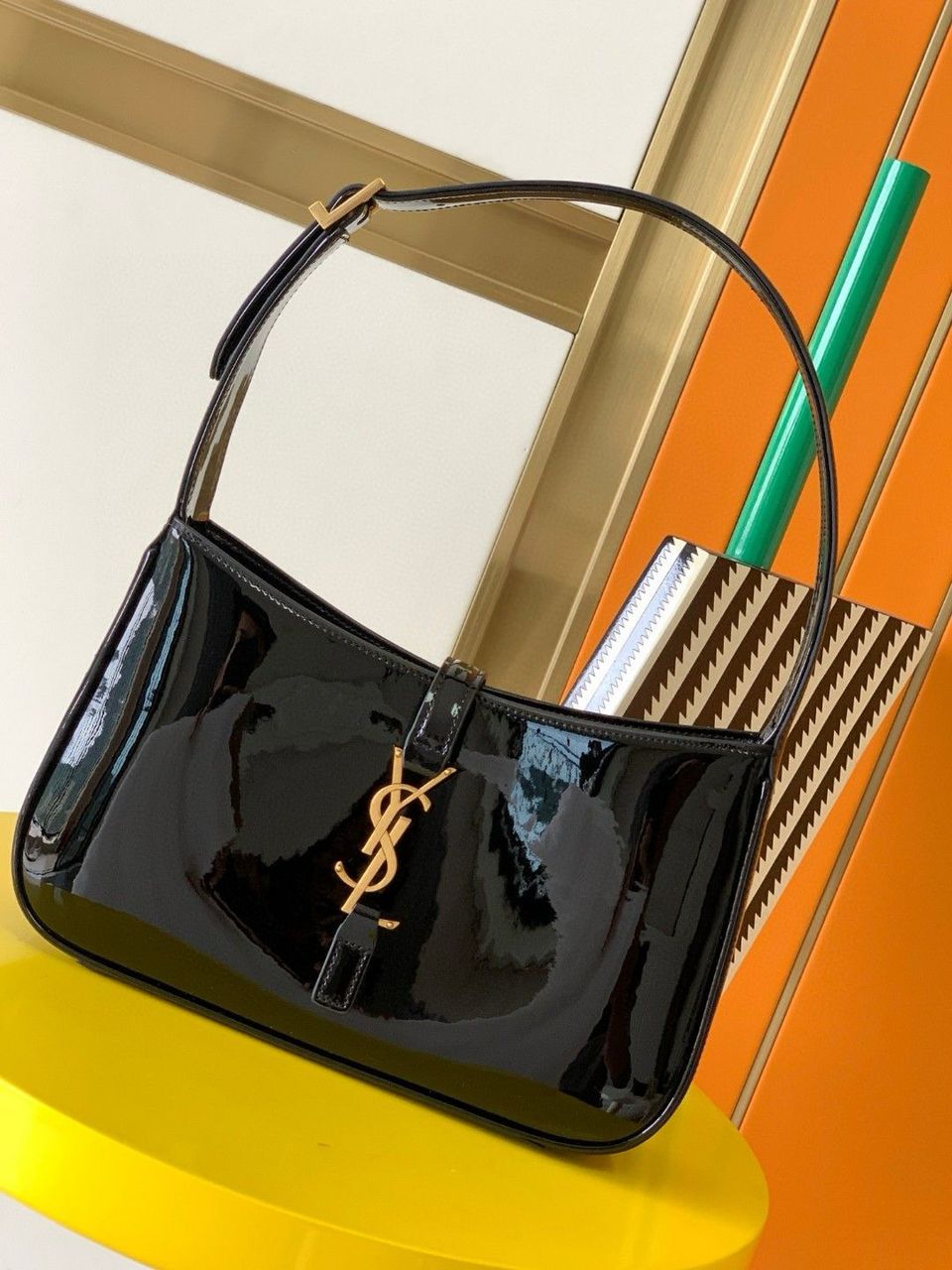 Yves Saint Laurent Mini Le 5 to 7 in Patent Leather Black