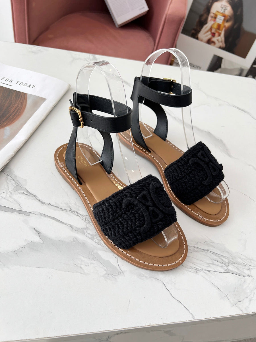 Sandália Couro e Algodão Macramé Bege Tira Frontal