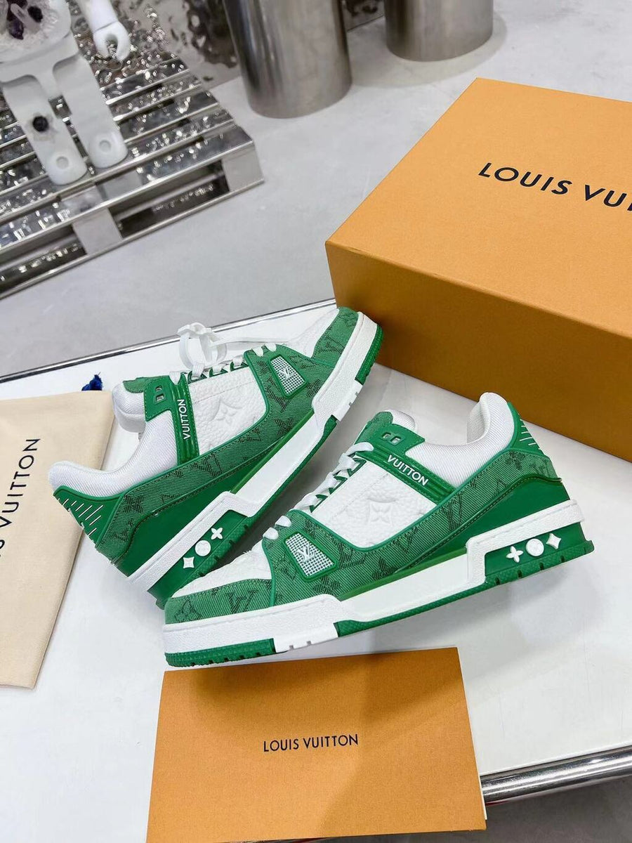 Tênis Denim Branco Padrão Monograma Geométrico Verde