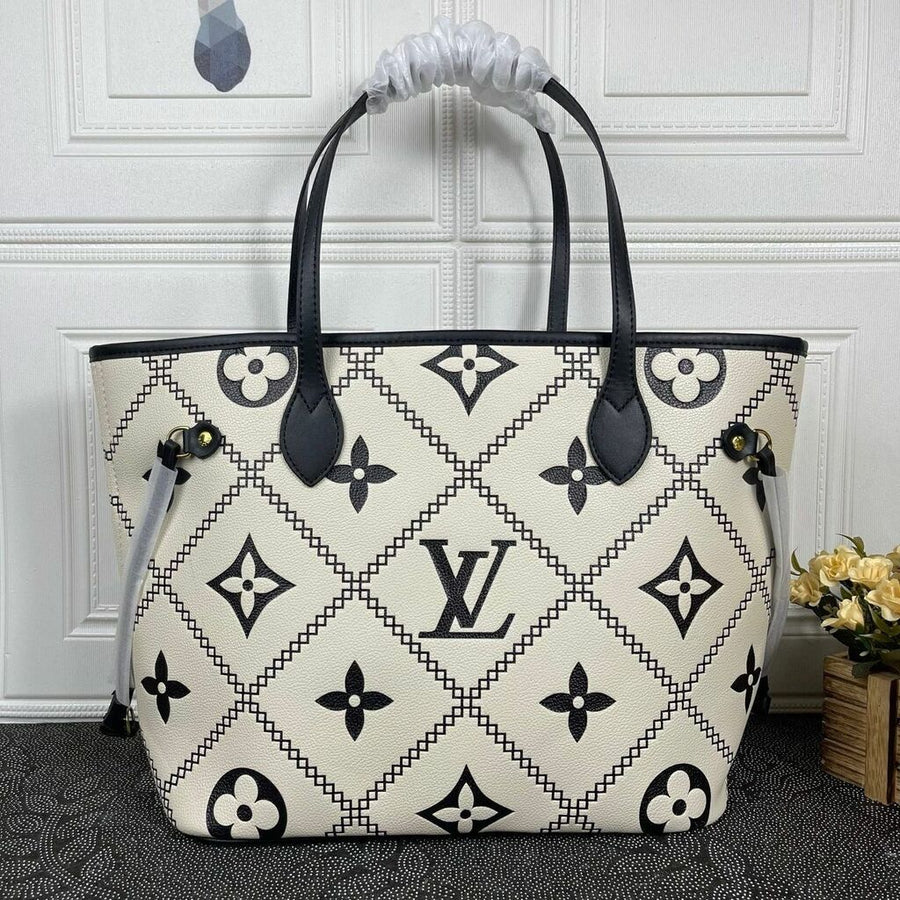 Bolsa Tote Couro Padrão Monograma Geométrico Bordado