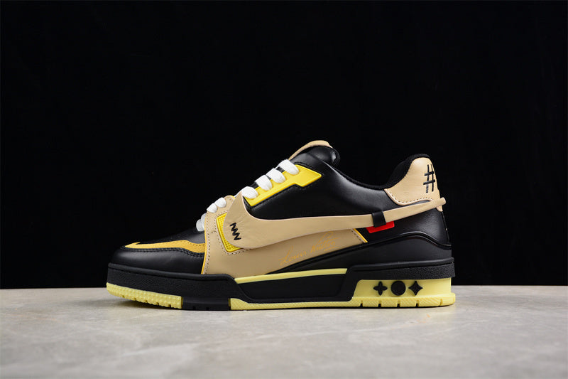 Tênis Casual Couro Branco Preto Amarelo