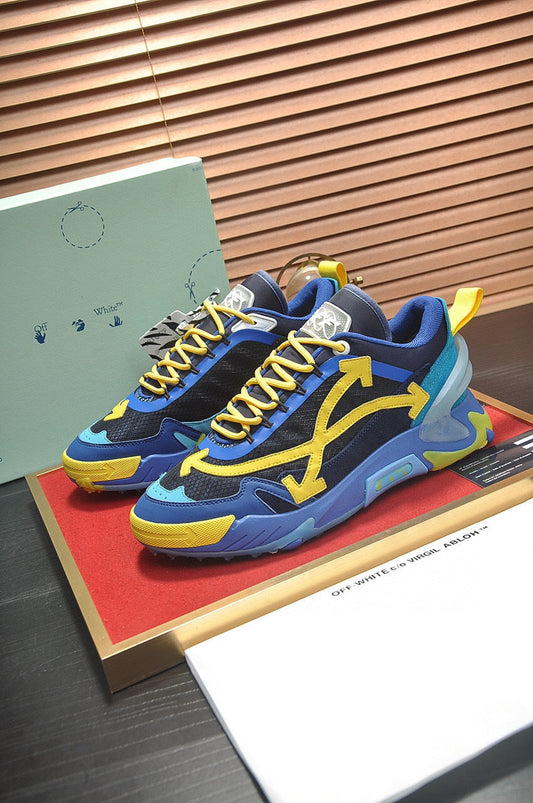 Tênis Runner Couro Azul Amarelo Detalhe Transversal